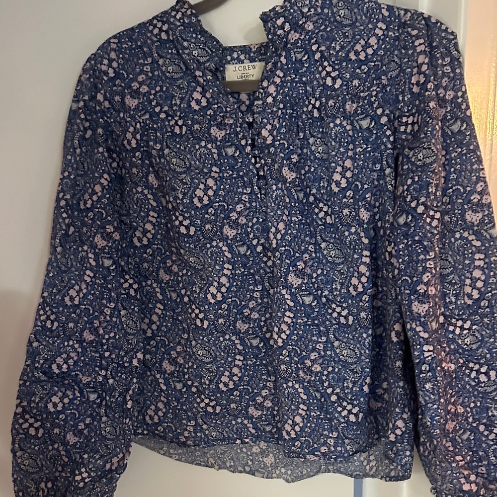 J. Crew Blue Paisley Button-Front Blouse with Pink Accents